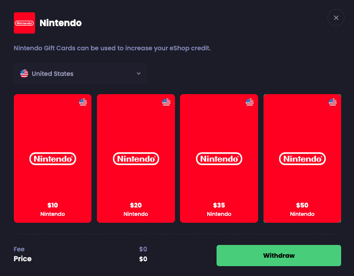 Nintendo Gift Cards on Freecash