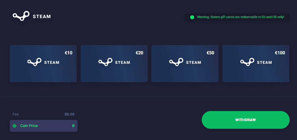 Steam gift cards on Freecash