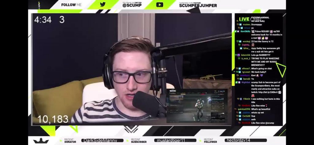 Scump chattinvg with his Twitch subscribers while streaming Call of Duty.