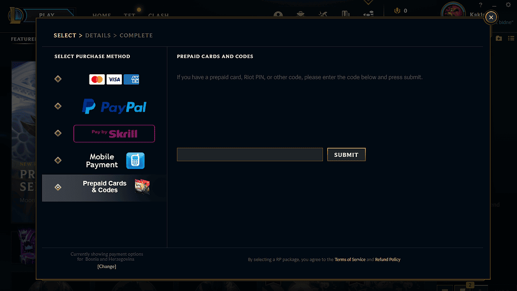Prepaid cards and codes in League of LEgends