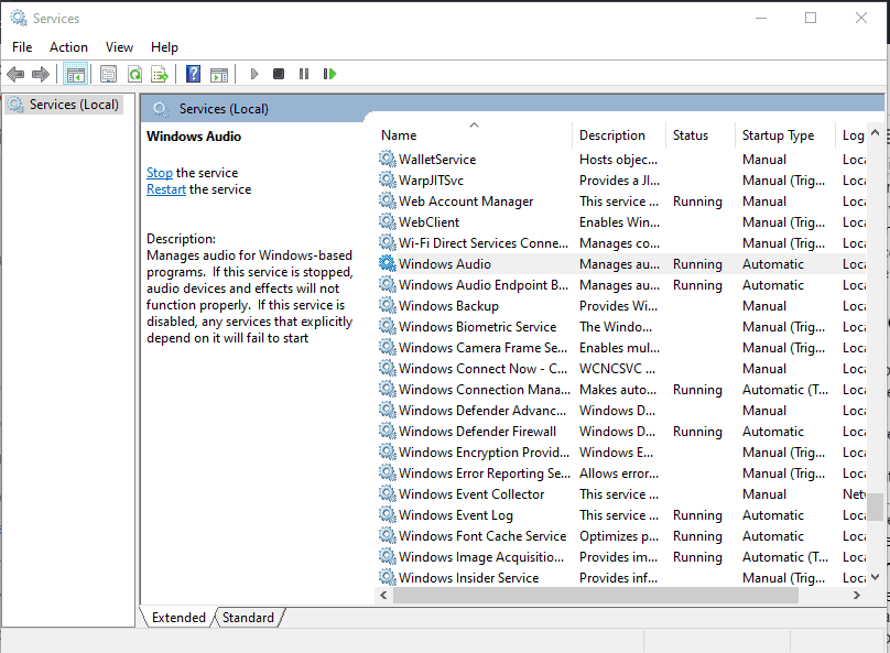 Windows Services Tab