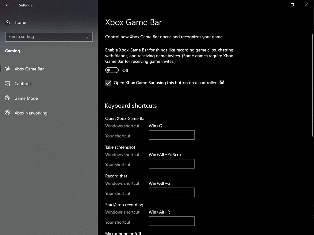 Windows XBOX Game Bar Settings