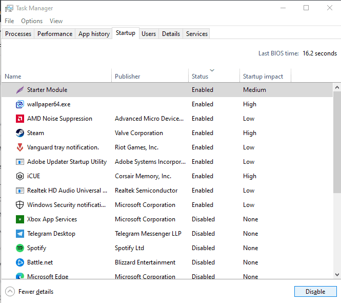 Task Manager Startup Settings in Windows 10 