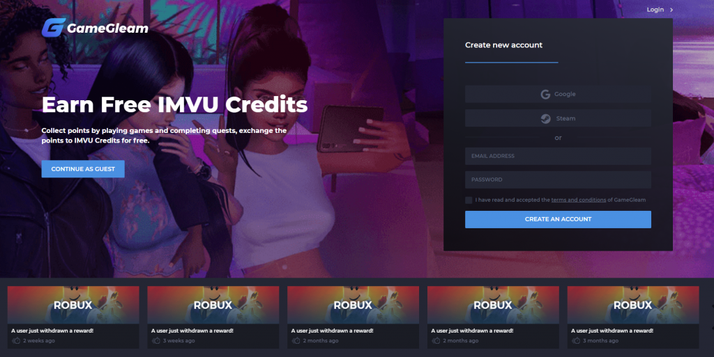 GameGleam offers IMVU credits as reward
