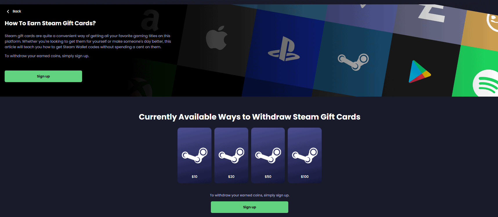 Steam gift cards on Freecash