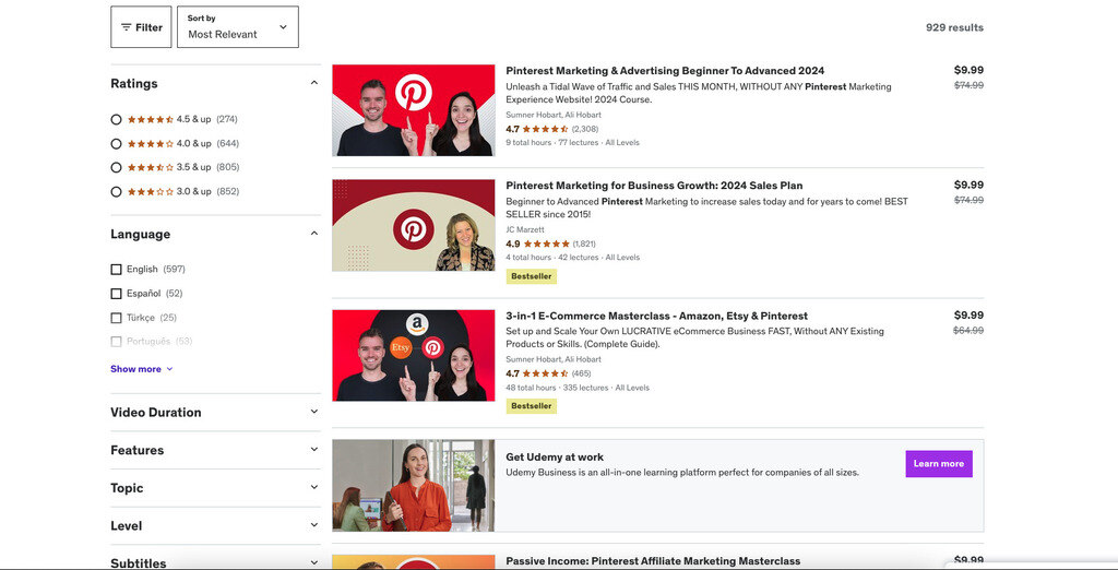 Pinterest courses on Udemy