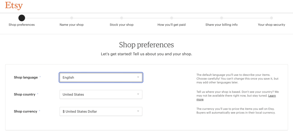 Etsy store preferences