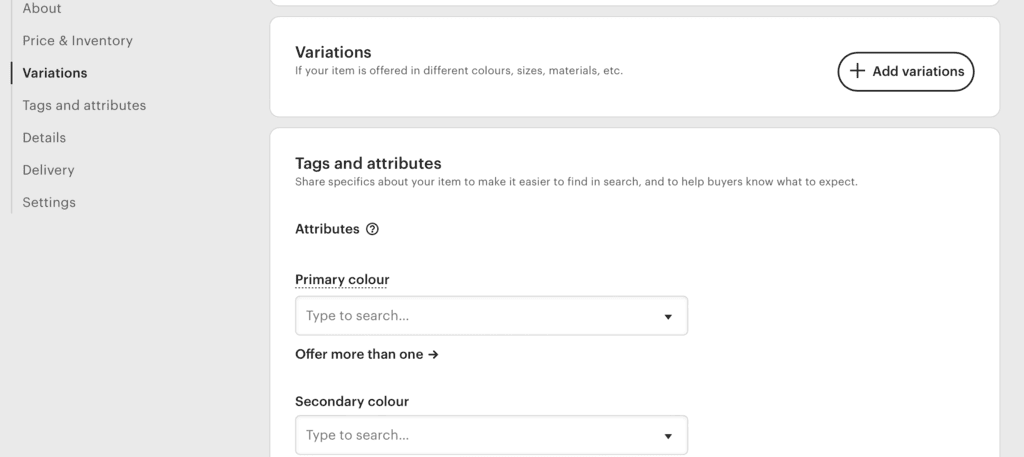 Etsy store product variations